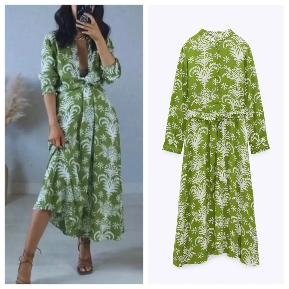 🚫SOLD🚫ZARA WOMAN MIDI BELTED PRINTED DRESS FLOWY GREEN | 5216/046 | SIZE: MED - Picture 2 of 7